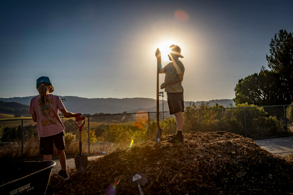 young kid standing on mulch pile with shovel in hand. Sun is shining in background.