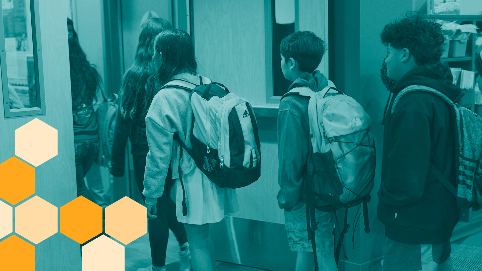 Students with backpacks standing in a line in a school hallway, with an orange honeycomb graphic overlay in the bottom-left corner.